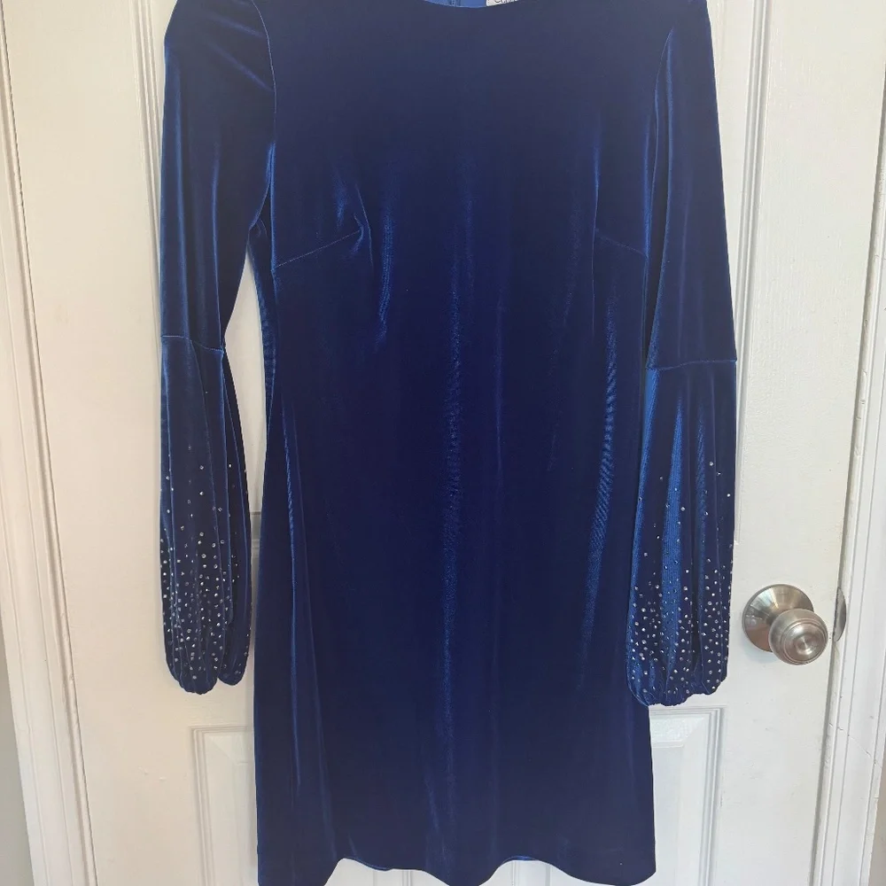 Calvin Klein Women's Velvet Embellished Sheath Dress Blue - 2 - Picture 2 of 5
